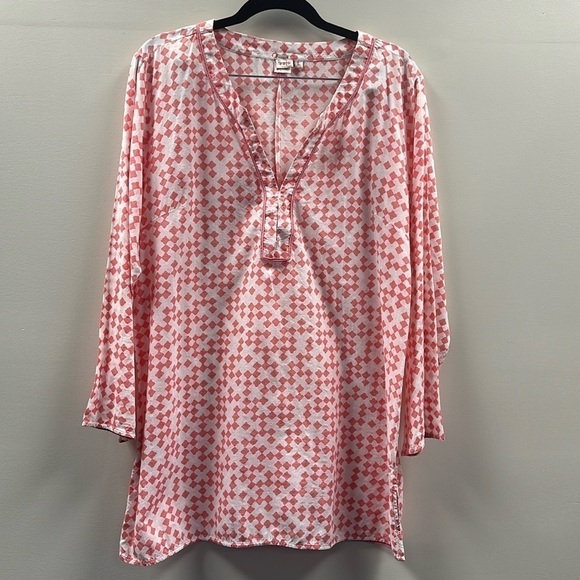 Persifor Other - Persifor Cotton Tunic Coverup Dress Coral & White V-Neck Sz Large Resortwear